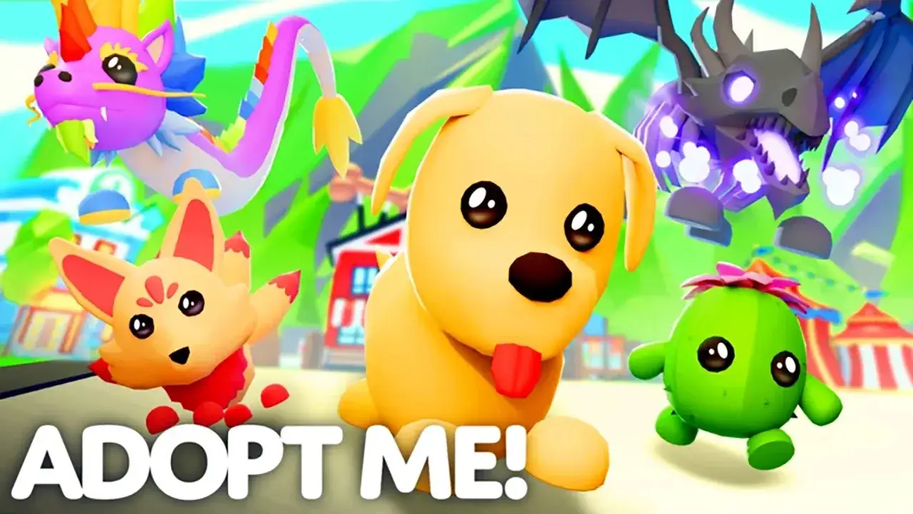 Personajes adorables de Adopt Me! con un perro amarillo, un zorro naranja, un drag&oacute;n morado y un cactus verde. &iexcl;Descubre los mejores adopt me codes!