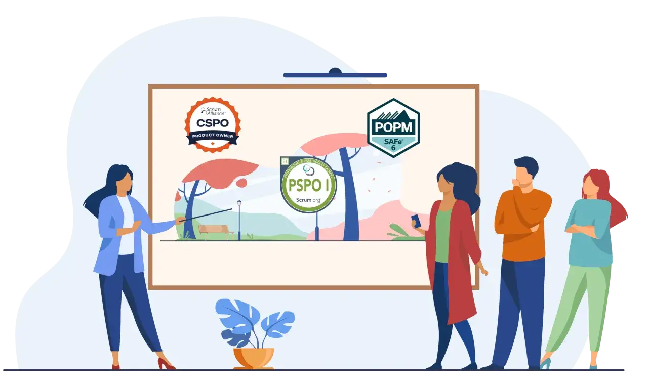 Une &eacute;quipe discute des certifications PSPO I, CSPO et POPM SAFE 6 devant un tableau.