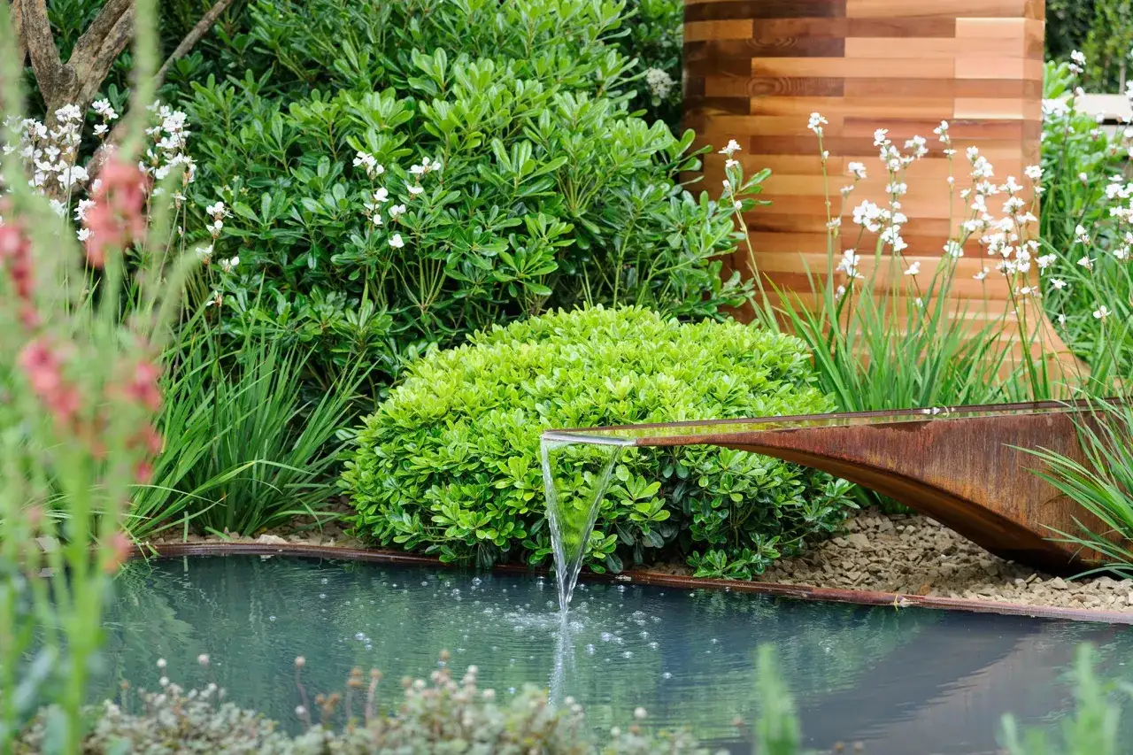 Modern backyard pond ideas featuring a sleek waterfall cascading into dark water, surrounded by lush greenery and a wooden accent wall.