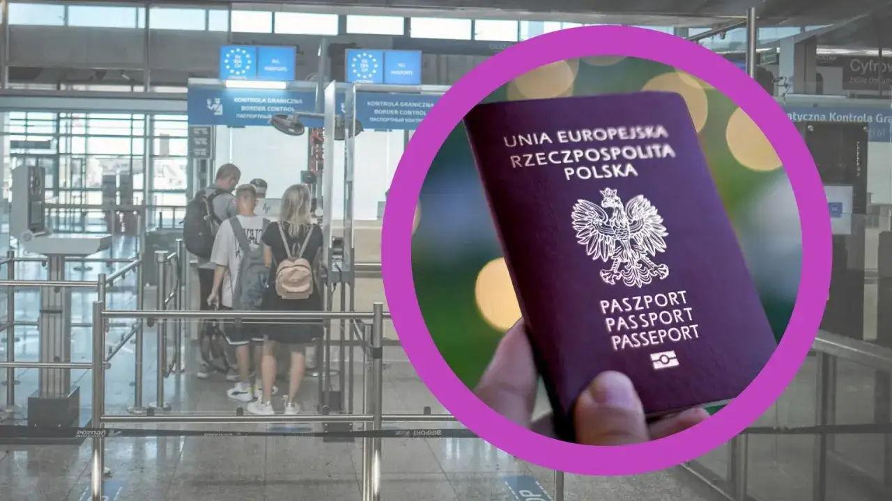Paszport UE w dłoni, a w tle kolejka do kontroli granicznej. Czy do Londynu trzeba mieć paszport? Tak, dla obywateli spoza strefy Schengen.