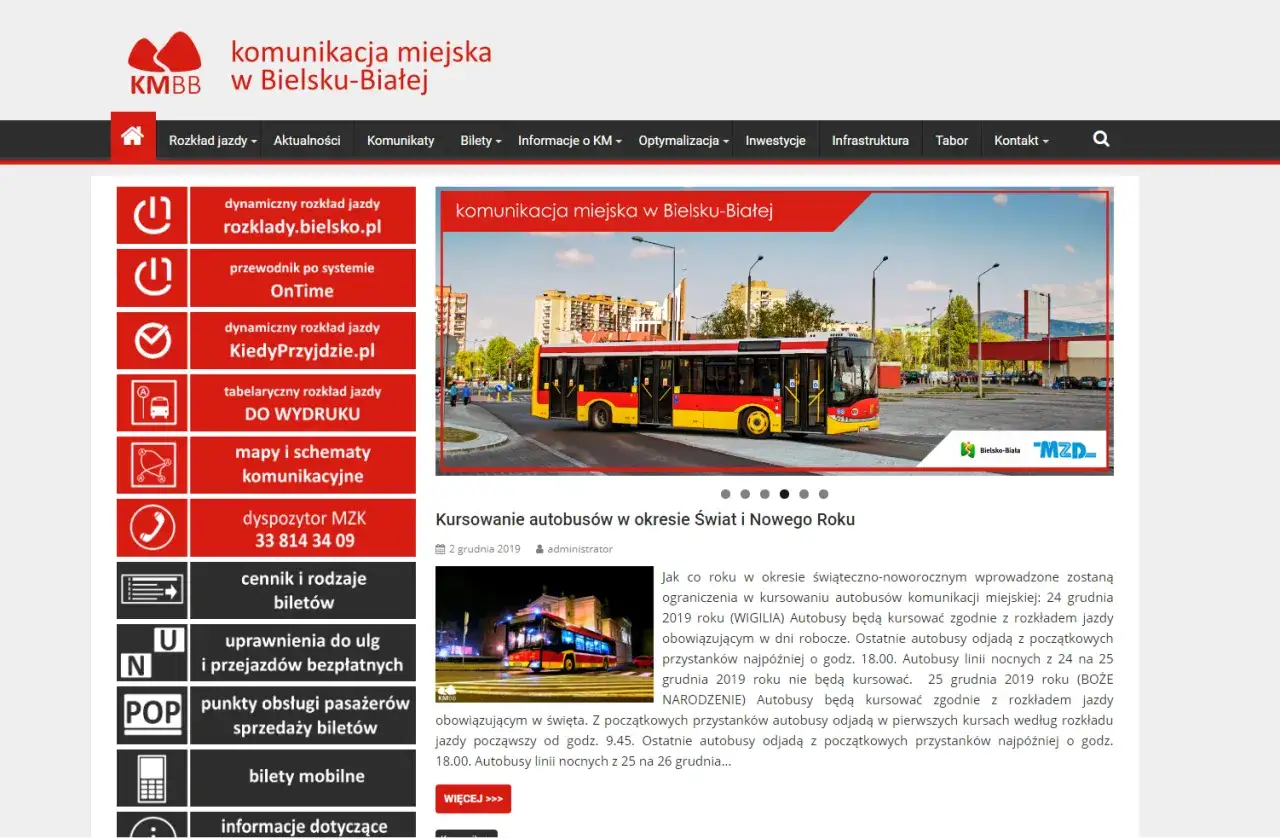 Strona główna komunikacji miejskiej w Bielsku-Białej z dynamicznym rozkładem jazdy MPK.