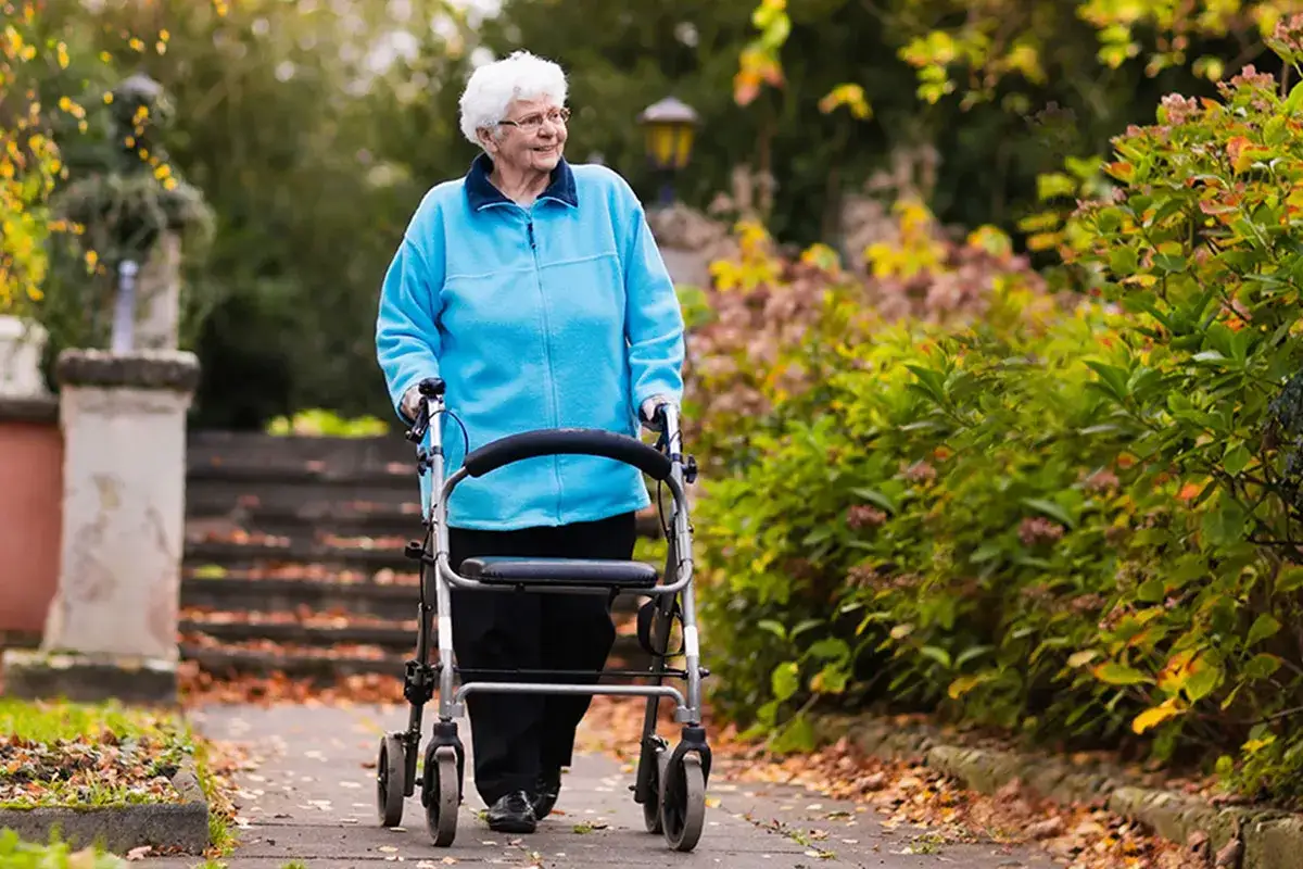 Ältere Dame mit Rollator im Herbstlaub. Ein Rollator ist ein wichtiges Hilfsmittel, das auf jeder medizinische hilfsmittel liste zu finden ist.