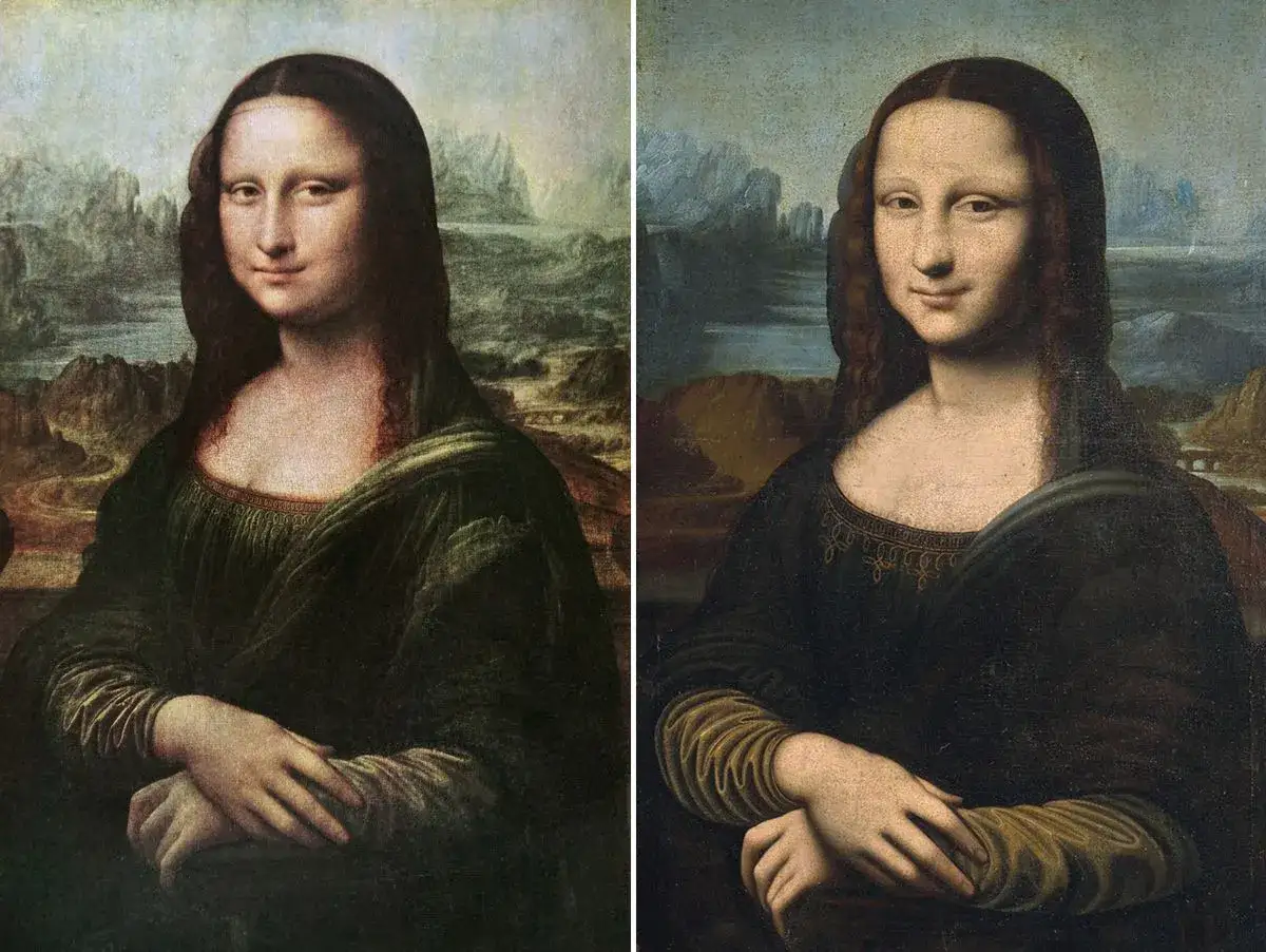 Zwei Mona Lisas nebeneinander. Die Frage, ob die Mona Lisa im Louvre echt ist, wird hier visuell thematisiert.
