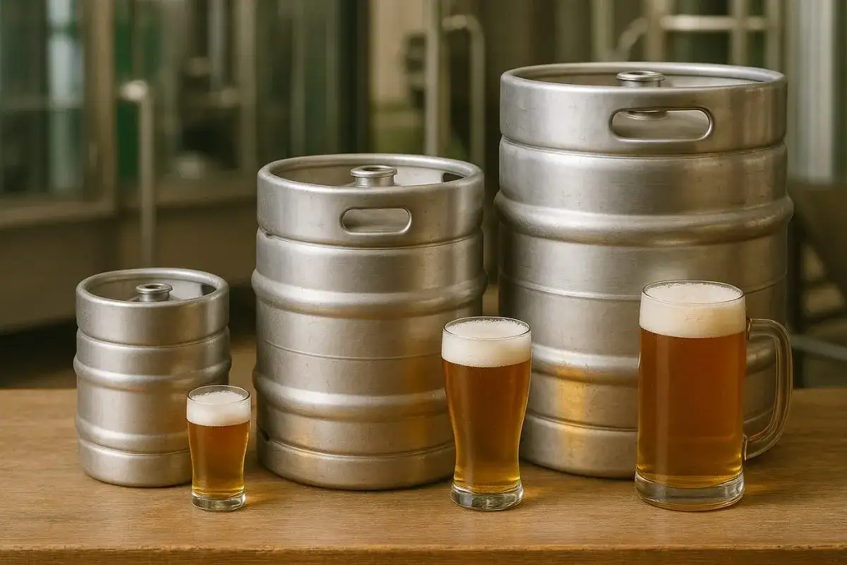 Combien de fût de bière pour 100 personnes ? Trois fûts de tailles différentes et trois verres de bière sont alignés sur une table en bois.