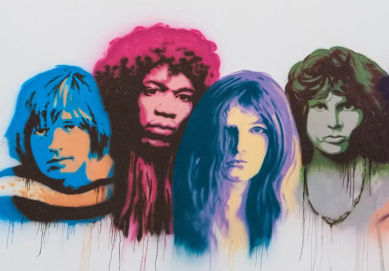 Ikony muzyki, które zmarły w wieku 27 lat, uwiecznione w kolorowym sprayu. Jimi Hendrix, Janis Joplin, Jim Morrison i Kurt Cobain - legendy club 27.