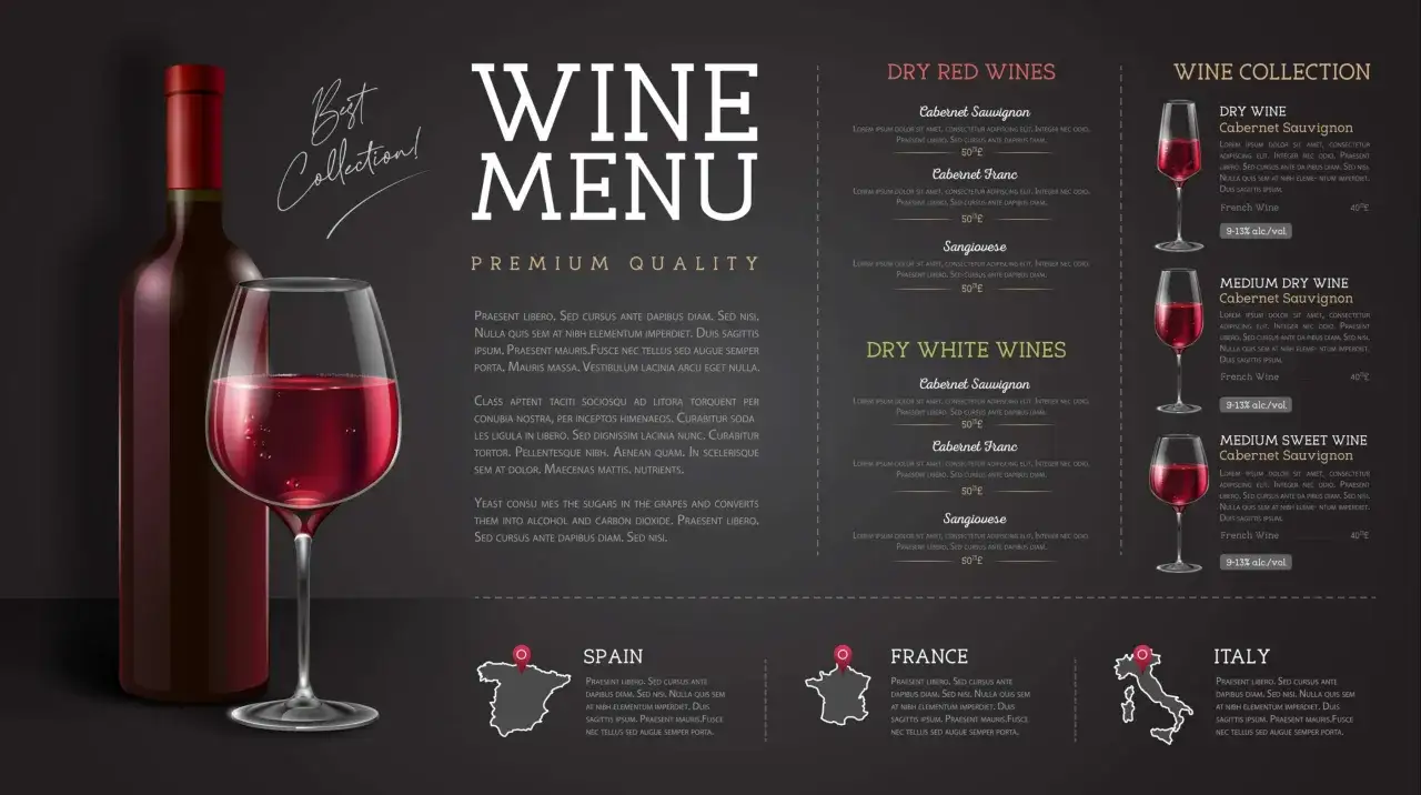 Carta dei vini con calice e bottiglia di vino rosso. Selezioni di vini rossi e bianchi, con descrizioni e prezzi.