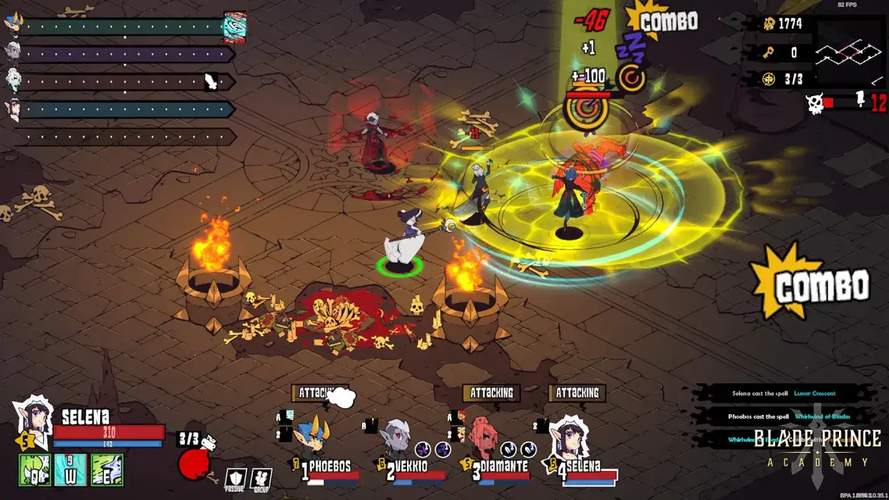 Dynamiczna walka w crpg. Postacie atakują wrogów, efekty czarów i combo rozświetlają arenę.