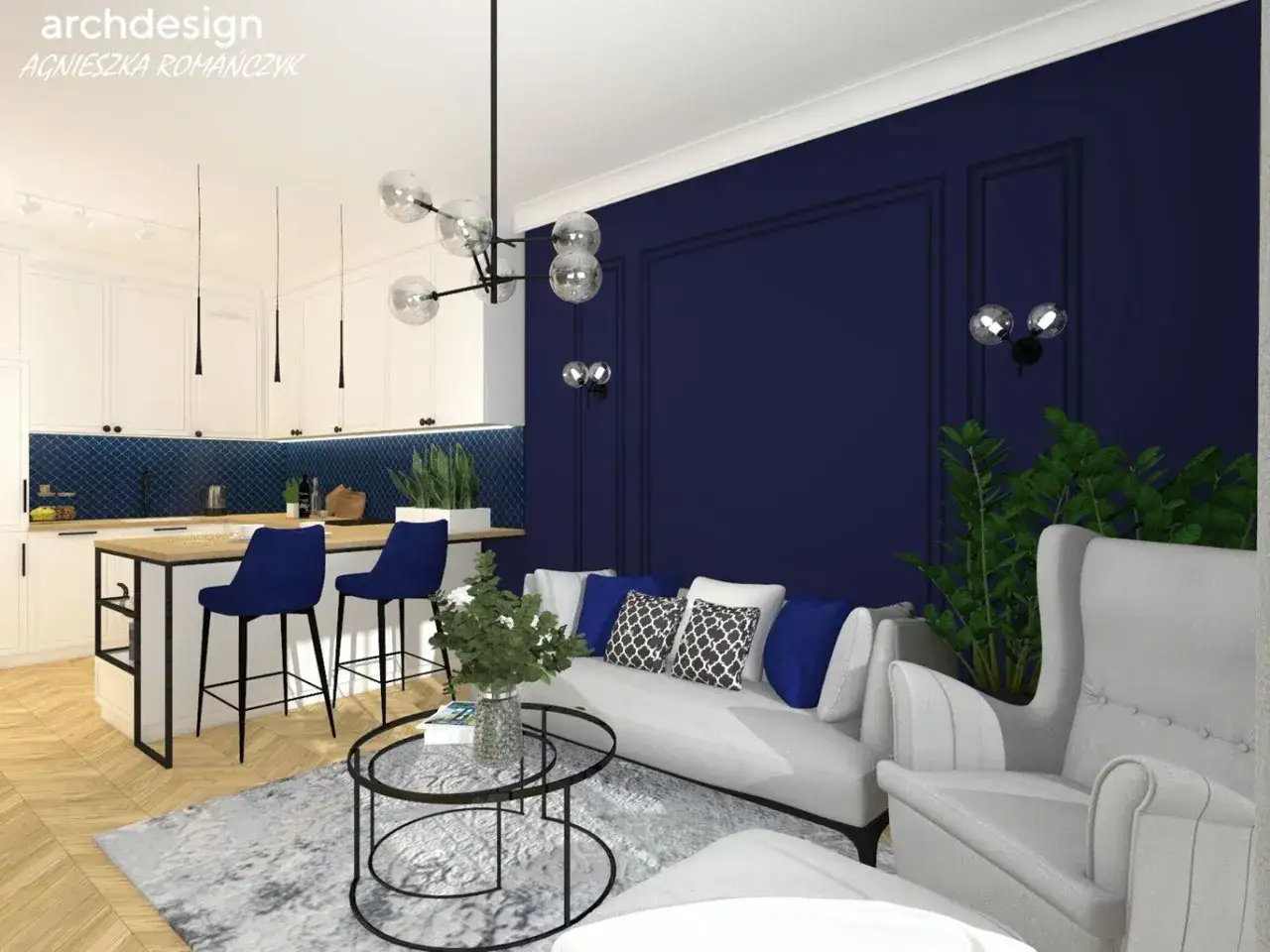 Nowoczesny salon z kuchnią, gdzie inspiracje granatowa ściana w salonie tworzy eleganckie tło dla białych mebli i granatowych akcent&oacute;w.