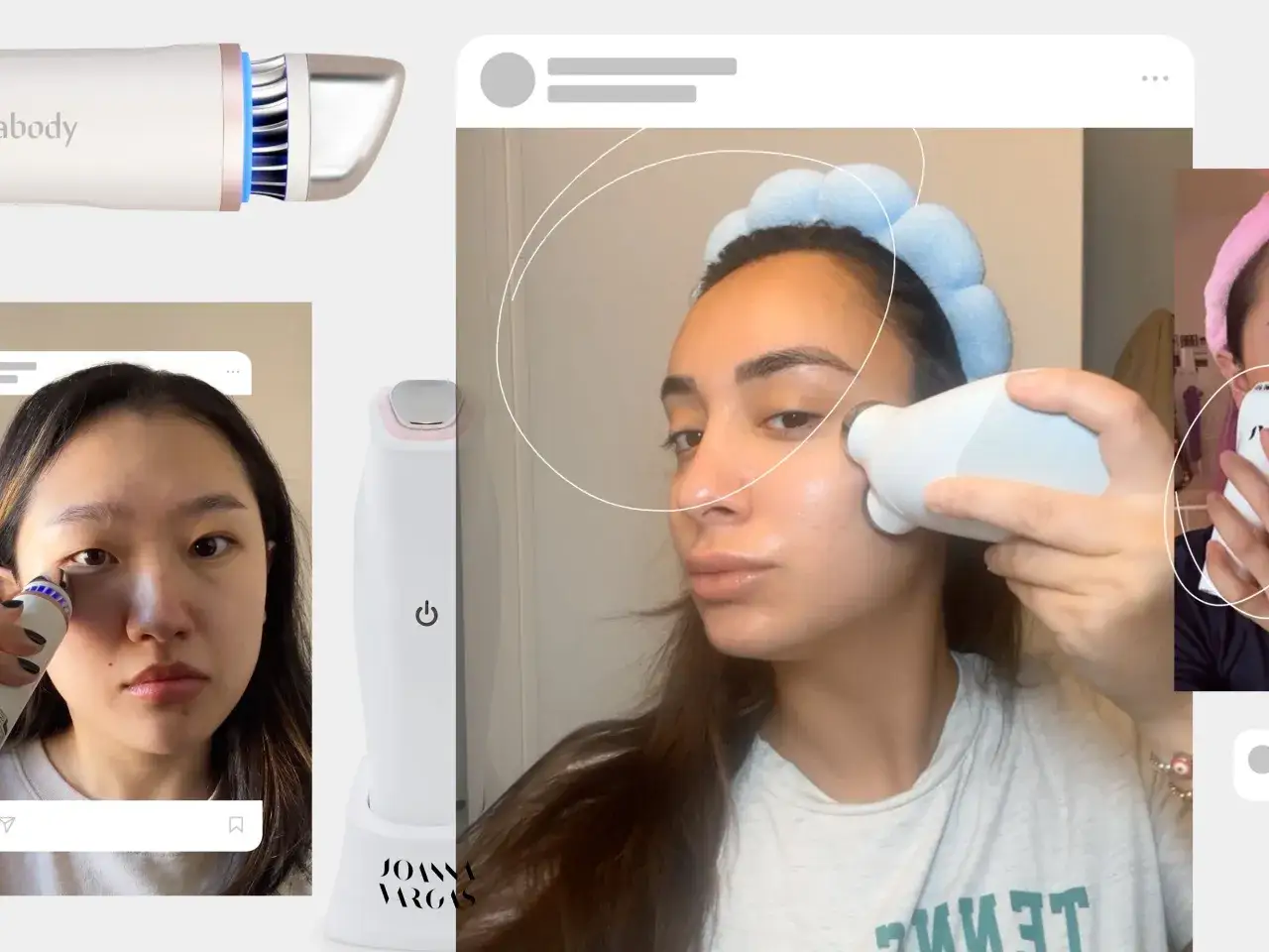 Collage of women using facial massage tools for puffiness reduction. One woman uses a device around her eye area, another on her cheek.