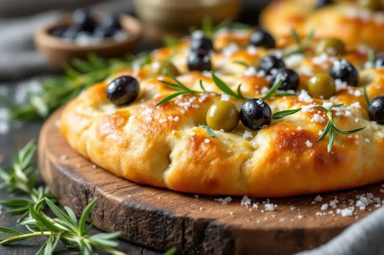 Focaccia pizza dorée, garnie d'olives noires et vertes, de romarin frais et de gros sel, sur une planche en bois.