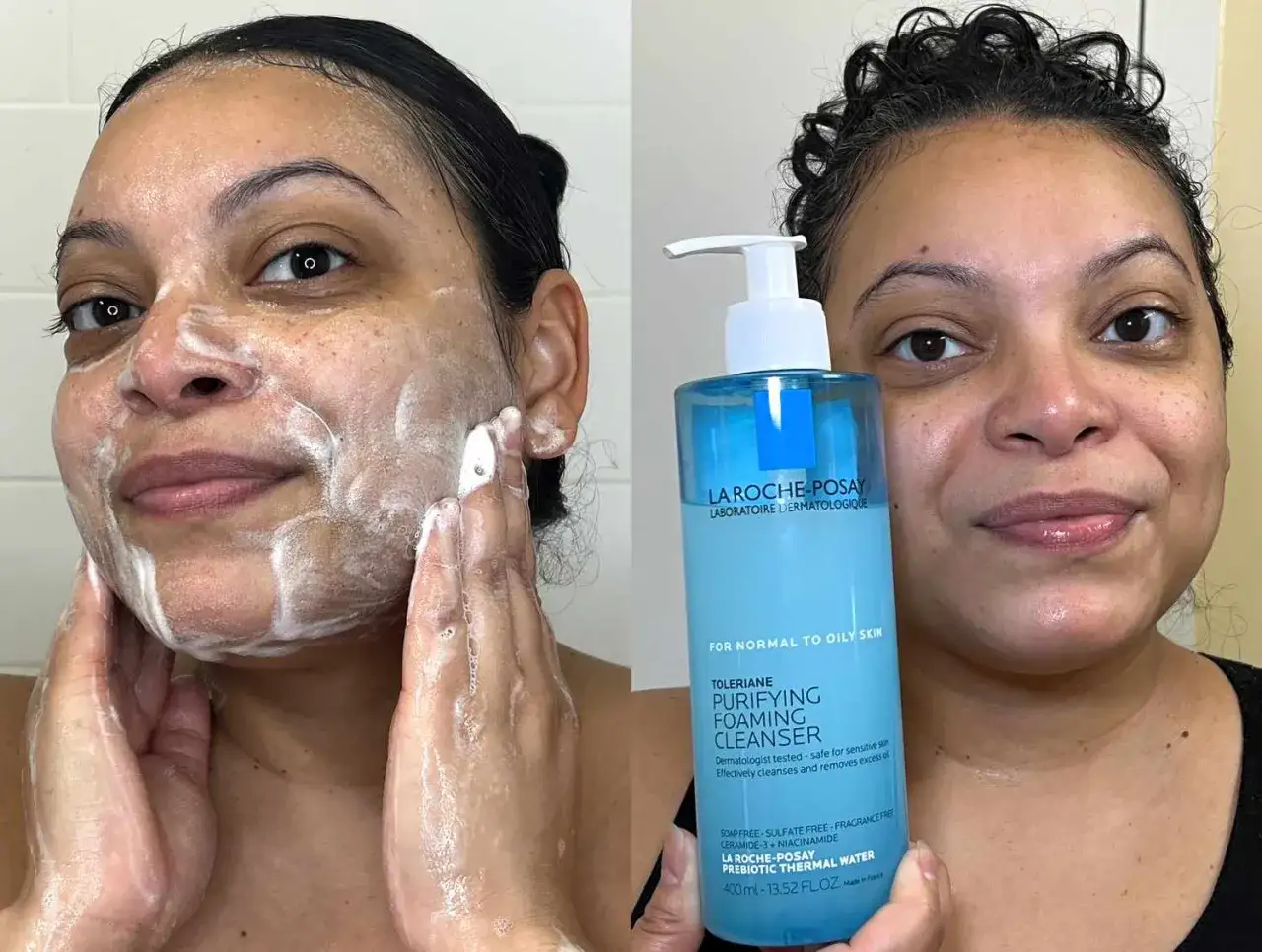 Donna applica un detergente schiumoso sul viso, poi mostra la bottiglia del prodotto La Roche-Posay.