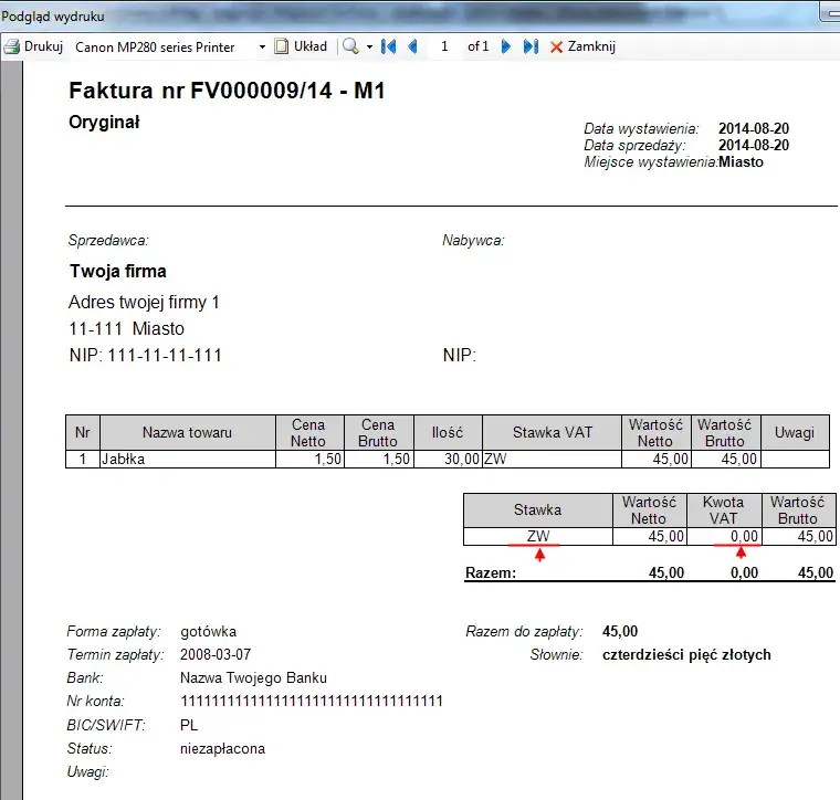 Wzór prawidłowo wystawionej faktury za usługi dla dziecka