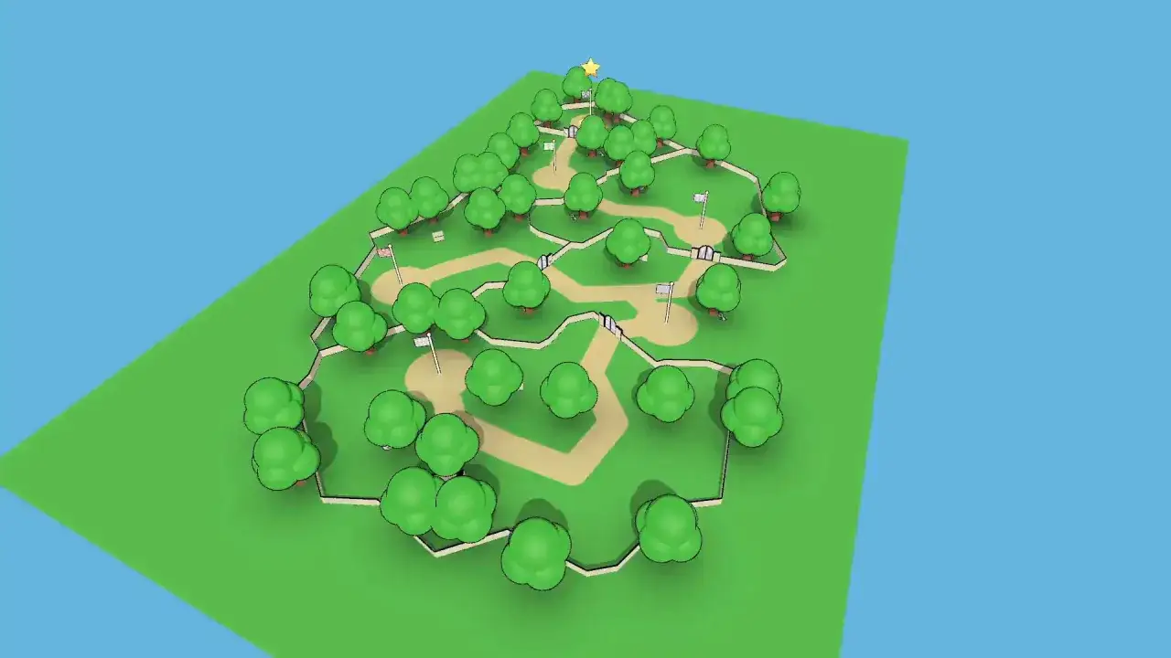 Mapa gry roguelite z drzewkami i ścieżkami. Gwiazdka na szczycie sugeruje cel.