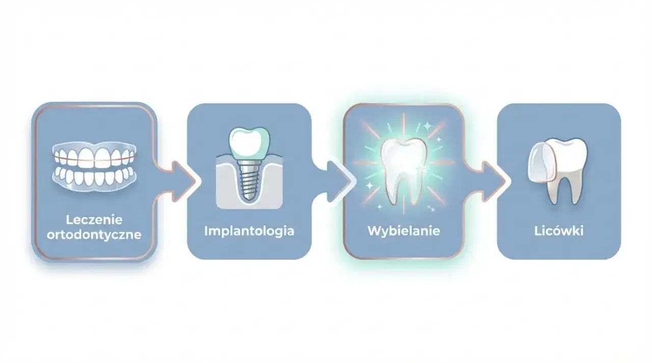 Grafika przedstawia etapy poprawy uśmiechu: leczenie ortodontyczne, implantologię, wybielanie i licówki porcelanowe.
