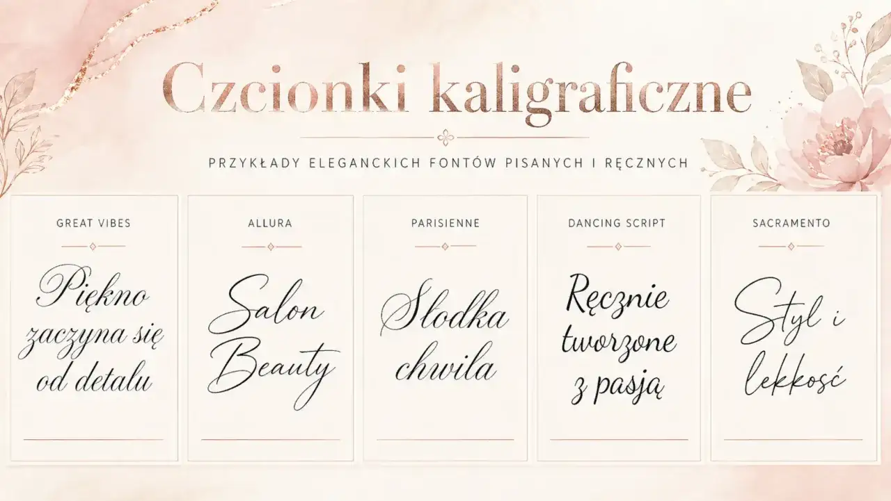 Przykłady eleganckich czcionek do zaproszeń w programie Word: Great Vibes, Allura, Parisienne, Dancing Script, Sacramento.