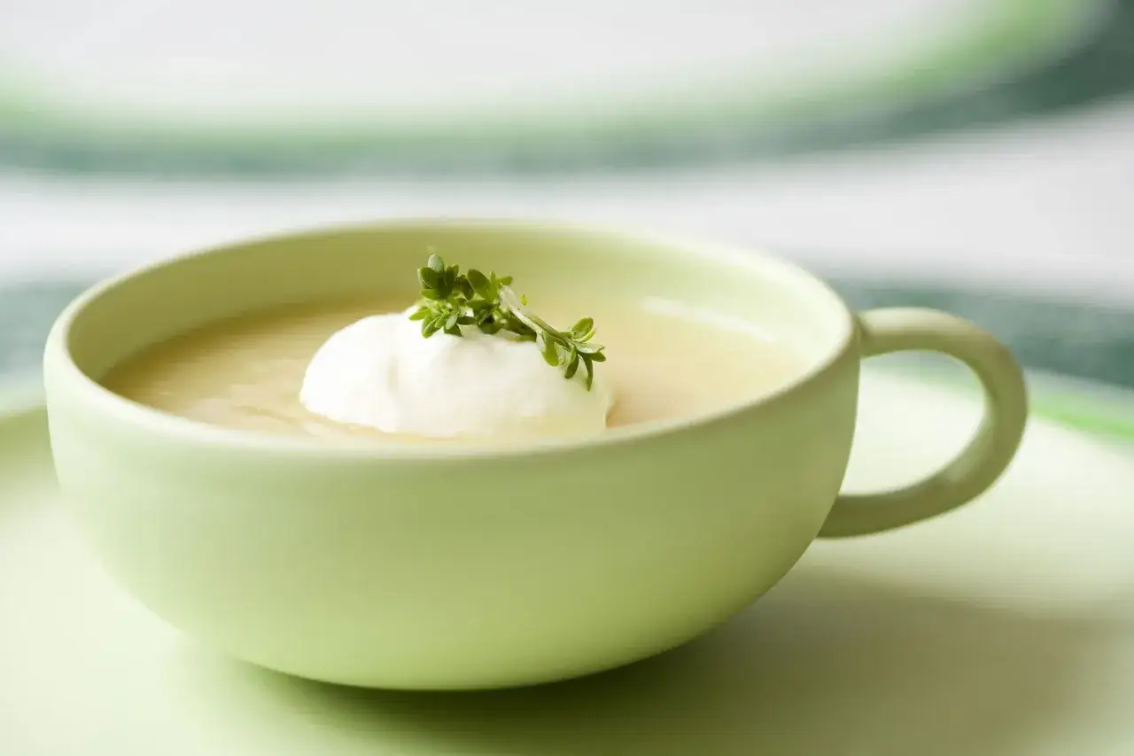 Cremige Kohlrabisuppe low carb, garniert mit einem Klecks Sahne und frischen Kräutern in einer hellgrünen Schale.