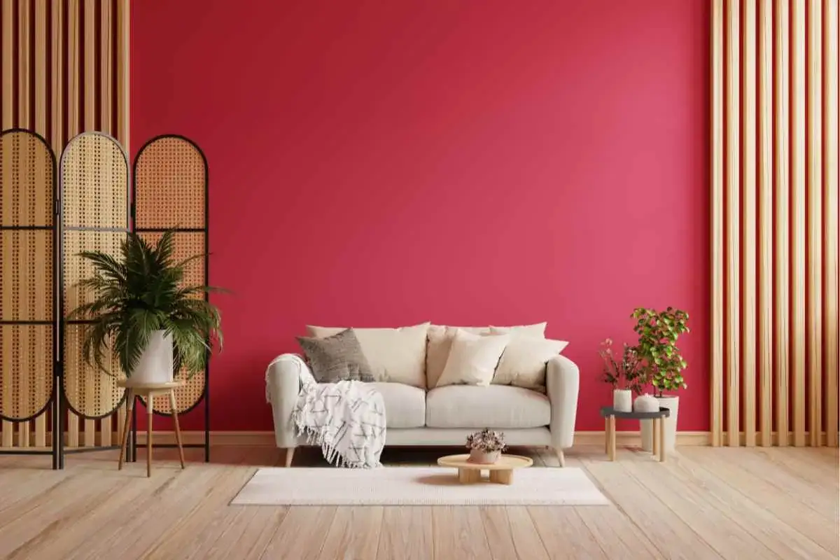 Un divano chiaro su un tappeto bianco, con una parete di un vivace color viva magenta. A sinistra, una pianta verde su un tavolino.