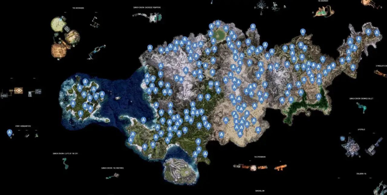 Mapa de Horizon Forbidden West con numerosos iconos de hogueras y calaveras, indicando puntos de interés y peligros en los terrenos de caza.