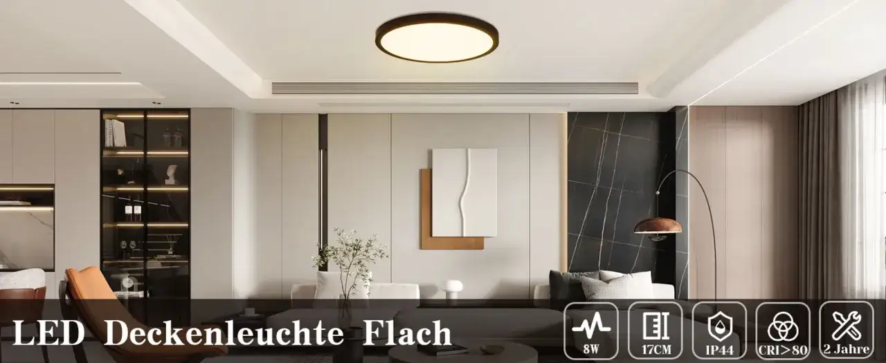 Nowoczesny salon z płaską lampą led na suficie. W tle eleganckie meble i dekoracje.