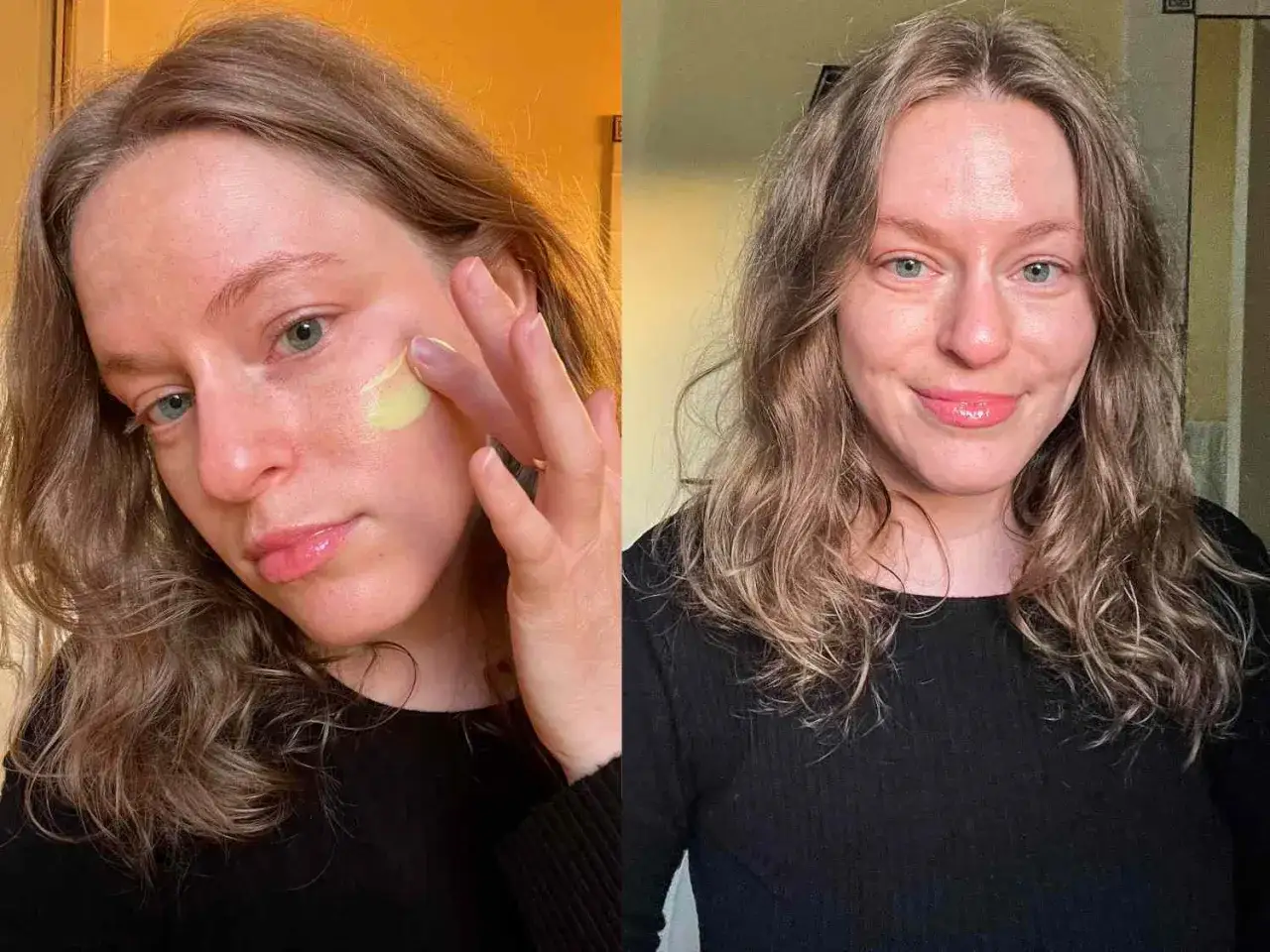 Kobieta aplikuje krem na policzek, pokazując, jak stosować retinol dla zdrowej cery.