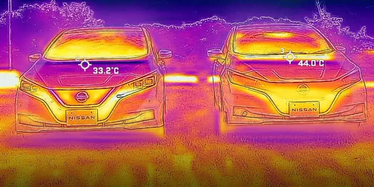 Termocamere mostrano come proteggere l'auto dal sole: 33.2°C su un cofano, 44.0°C su un altro.