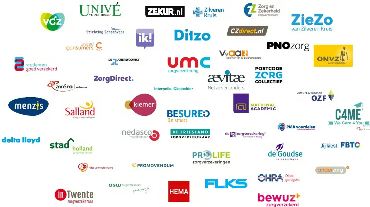 Wiele firm ubezpieczeniowych w Holandii: VGZ, Univ&eacute;, Zilveren Kruis, CZ, Menzis, Salland, Delta Lloyd, ONVZ, HEMA, FLKS, Bewuzt i inne.