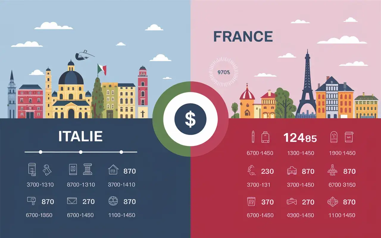 Comparaison visuelle entre l'Italie et la France, avec des ic&ocirc;nes et des chiffres repr&eacute;sentant des donn&eacute;es.