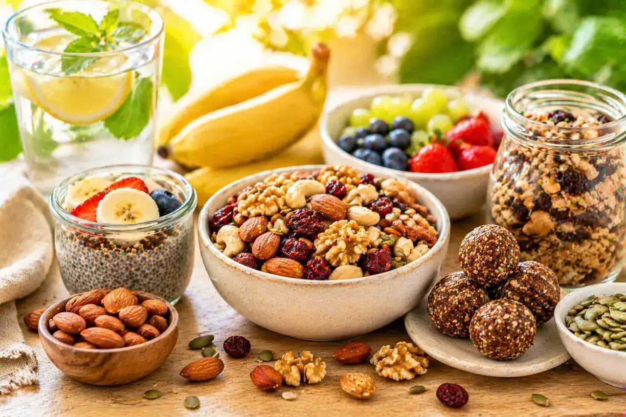 En h&auml;rlig samling av n&ouml;tter, b&auml;r, frukt och granola &ndash; perfekt f&ouml;r ett nyttigt fika p&aring; jobbet.