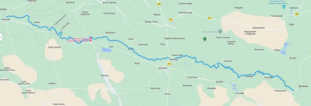 mapa spływ&oacute;w kajakowych Tanew