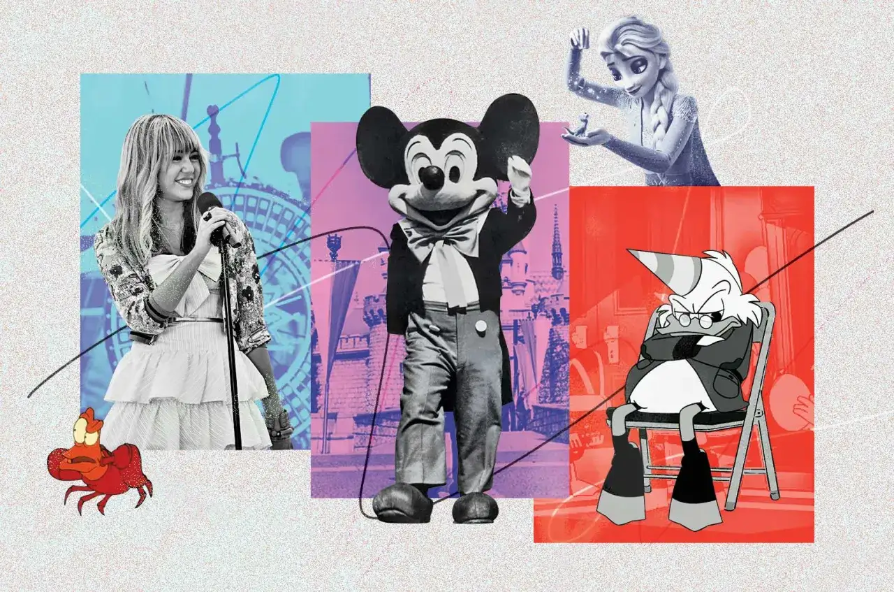 Kolaż postaci z filmów Disneya: Miley Cyrus, Myszka Miki, Elsa, Sebastian i Sknerus McKwacz. W tle zamki i elementy kojarzące się z piosenkami Disneya.