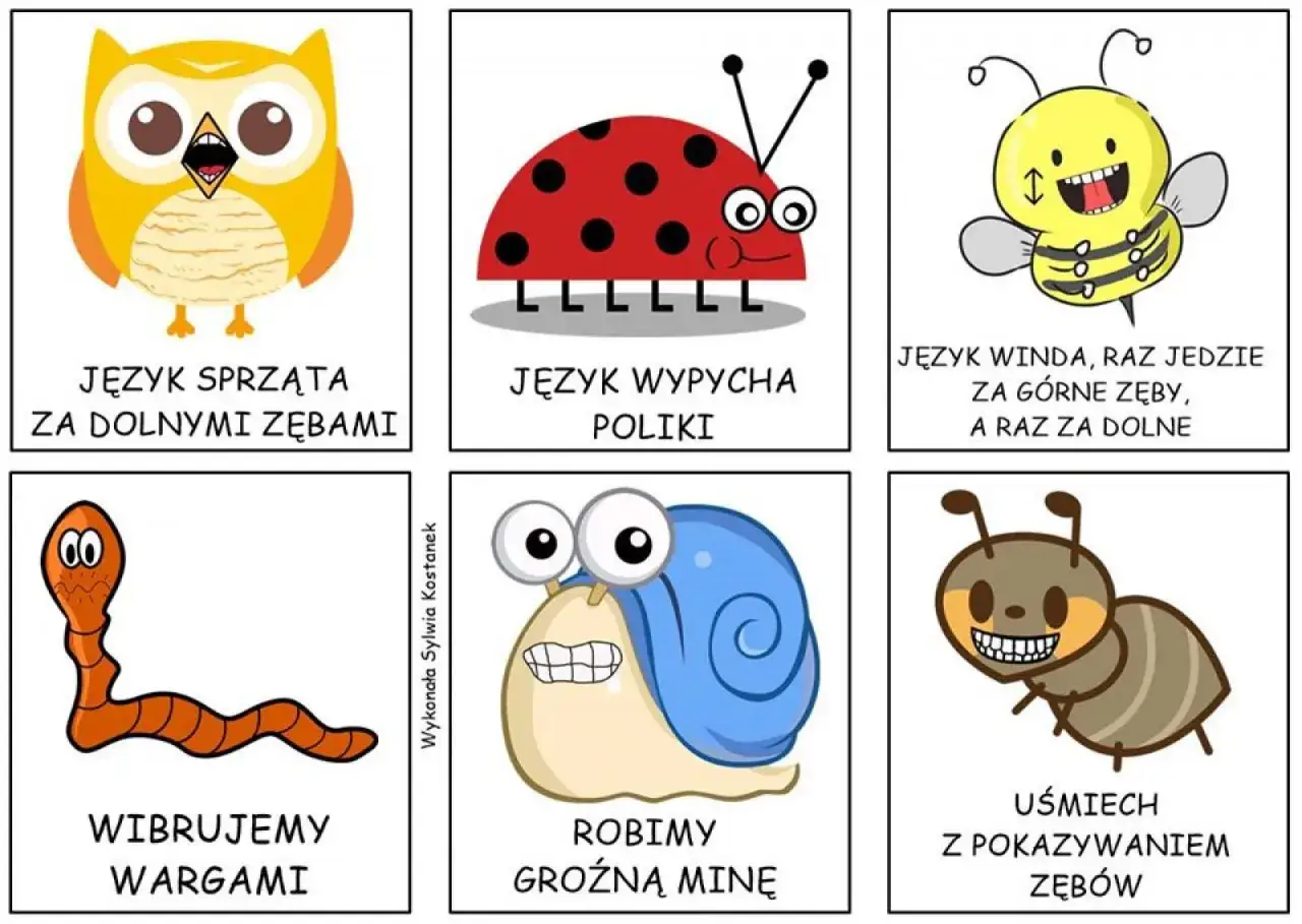 Zestaw kart z rysunkami zwierząt i opisami ćwiczeń na seplenienie: sowa, biedronka, pszczoła, dżdżownica, ślimak, mr&oacute;wka.