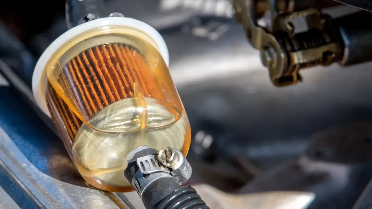 Un filtre à gasoil encrassé, conséquence d'un manque d'entretien, montre son élément filtrant brun et sale.
