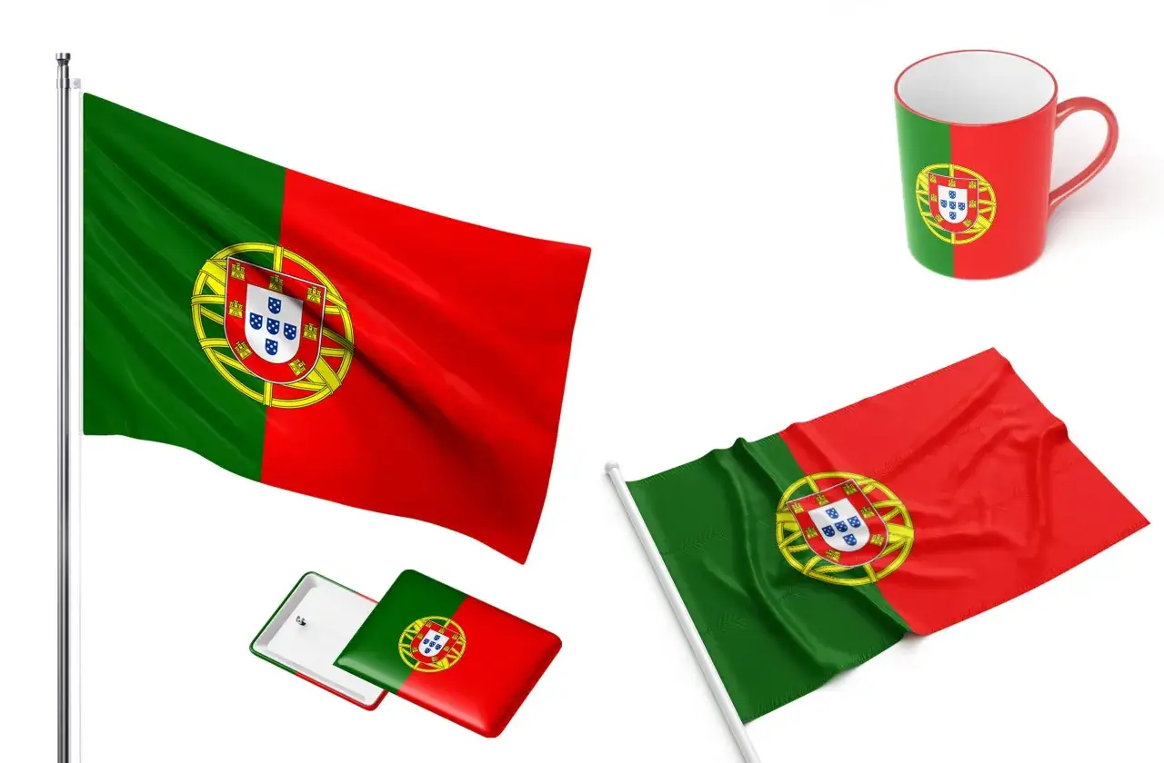 Flaga Portugalii, gdzie portugalski jest językiem urzędowym, na maszcie, kubku i przypince.