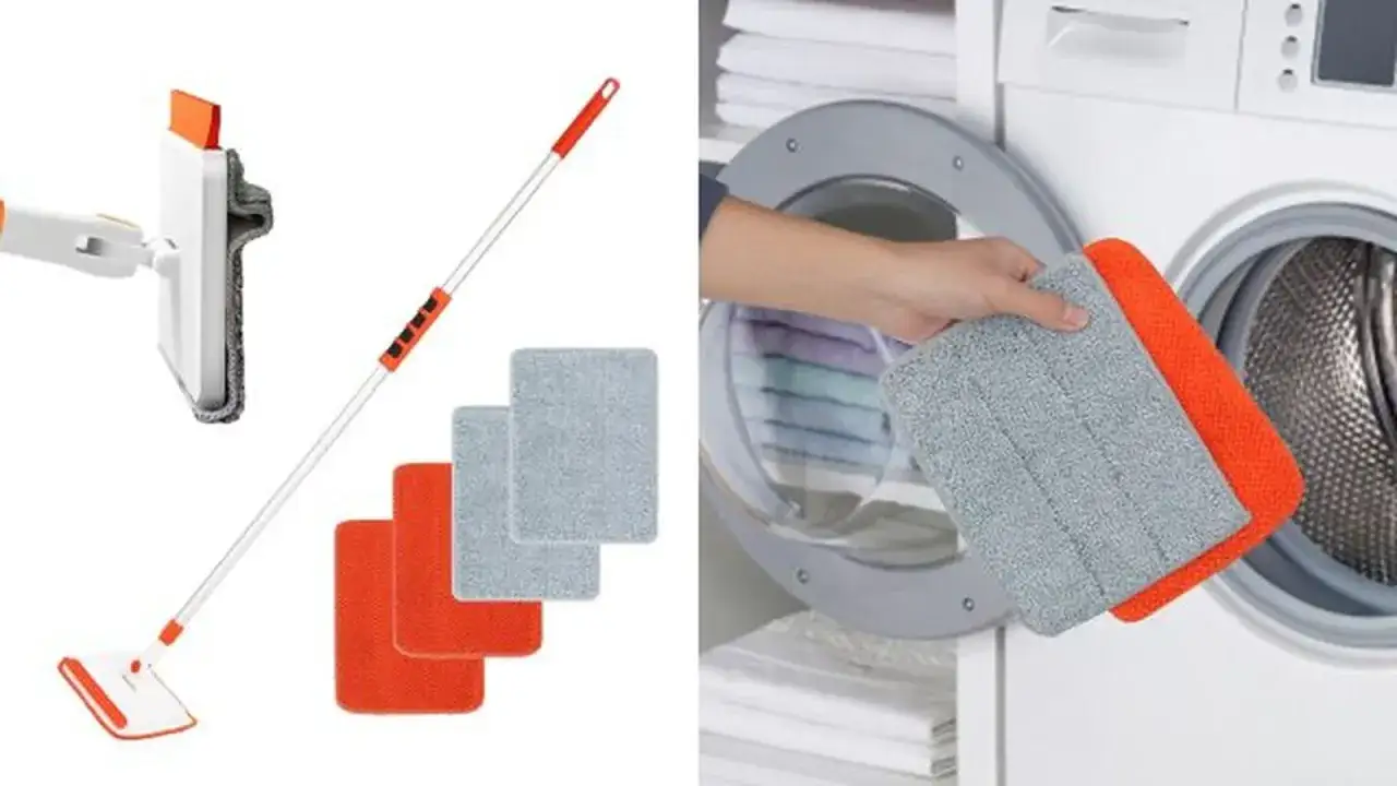 Herramientas para limpiar paredes con mopa. Incluye mango extensible, cabezal giratorio y pa&ntilde;os de microfibra lavables.