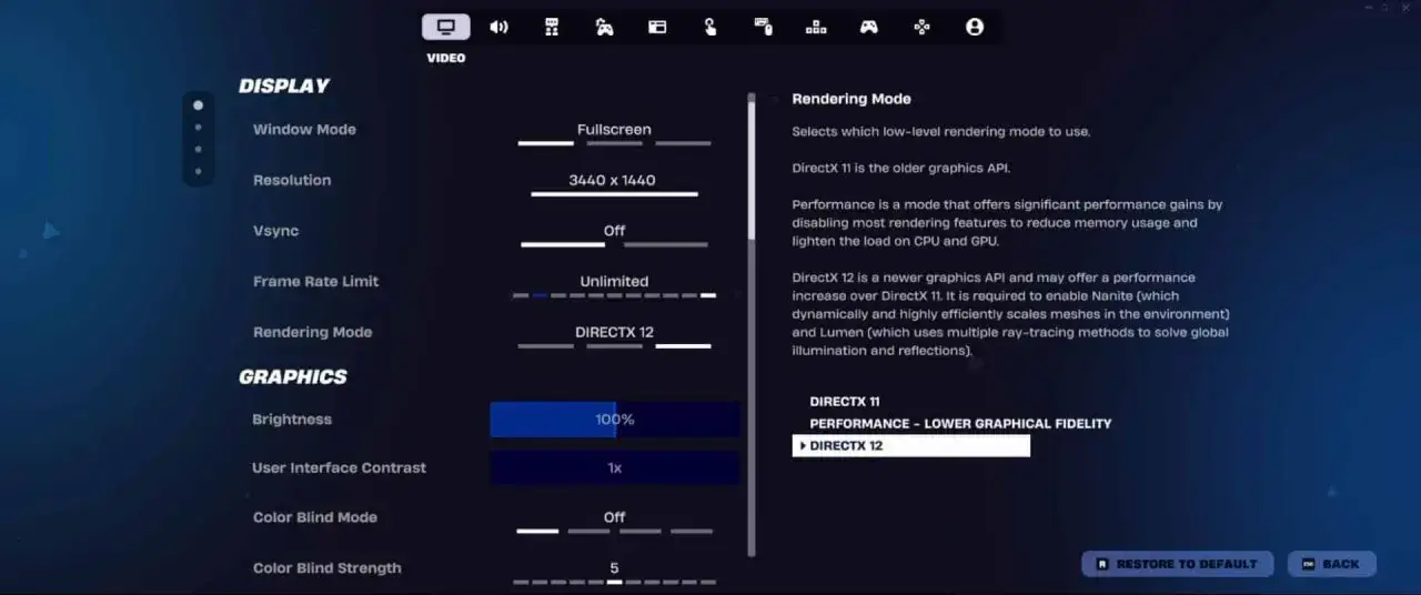 Ustawienia Fortnite: tryb renderowania DirectX 12 dla najlepszych ustawień graficznych i wydajności.