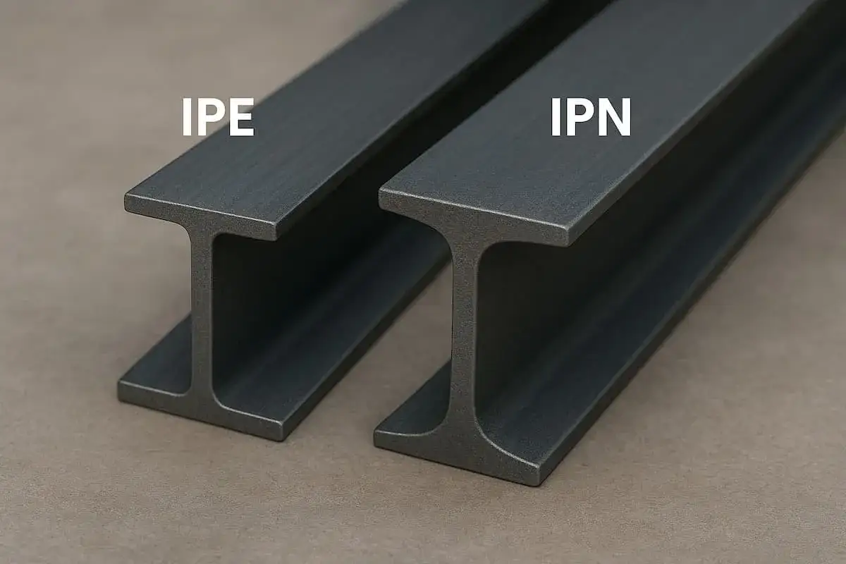 Dos perfiles met&aacute;licos en forma de I, uno etiquetado como IPE y otro como IPN, se muestran en primer plano.