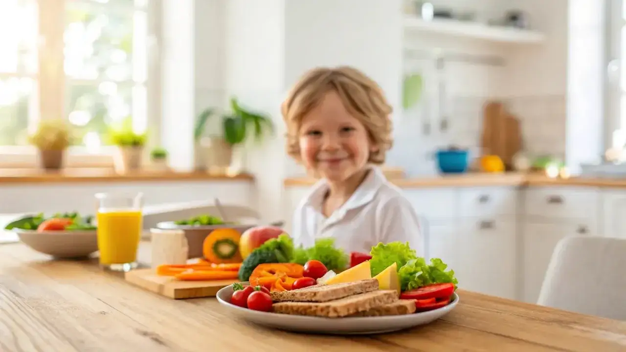 L&auml;chelnder Junge am Tisch mit frischem Obst, Gem&uuml;se und Brot. Perfekt f&uuml;r ein schnelles Mittagessen Kinder.