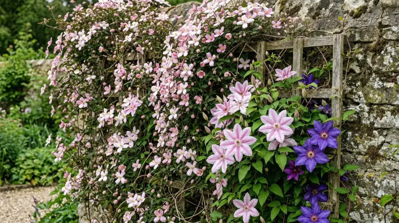 En vacker klematis spalje kl&auml;ttrar &ouml;ver en stenmur, med rosa och lila blommor som blommar frodigt.