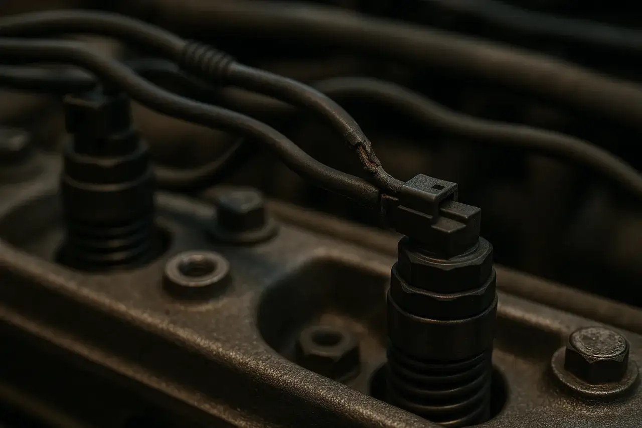 Uszkodzona wiązka pompowtryskiwaczy objawy: przetarty przewód elektryczny przy złączu pompowtryskiwacza.