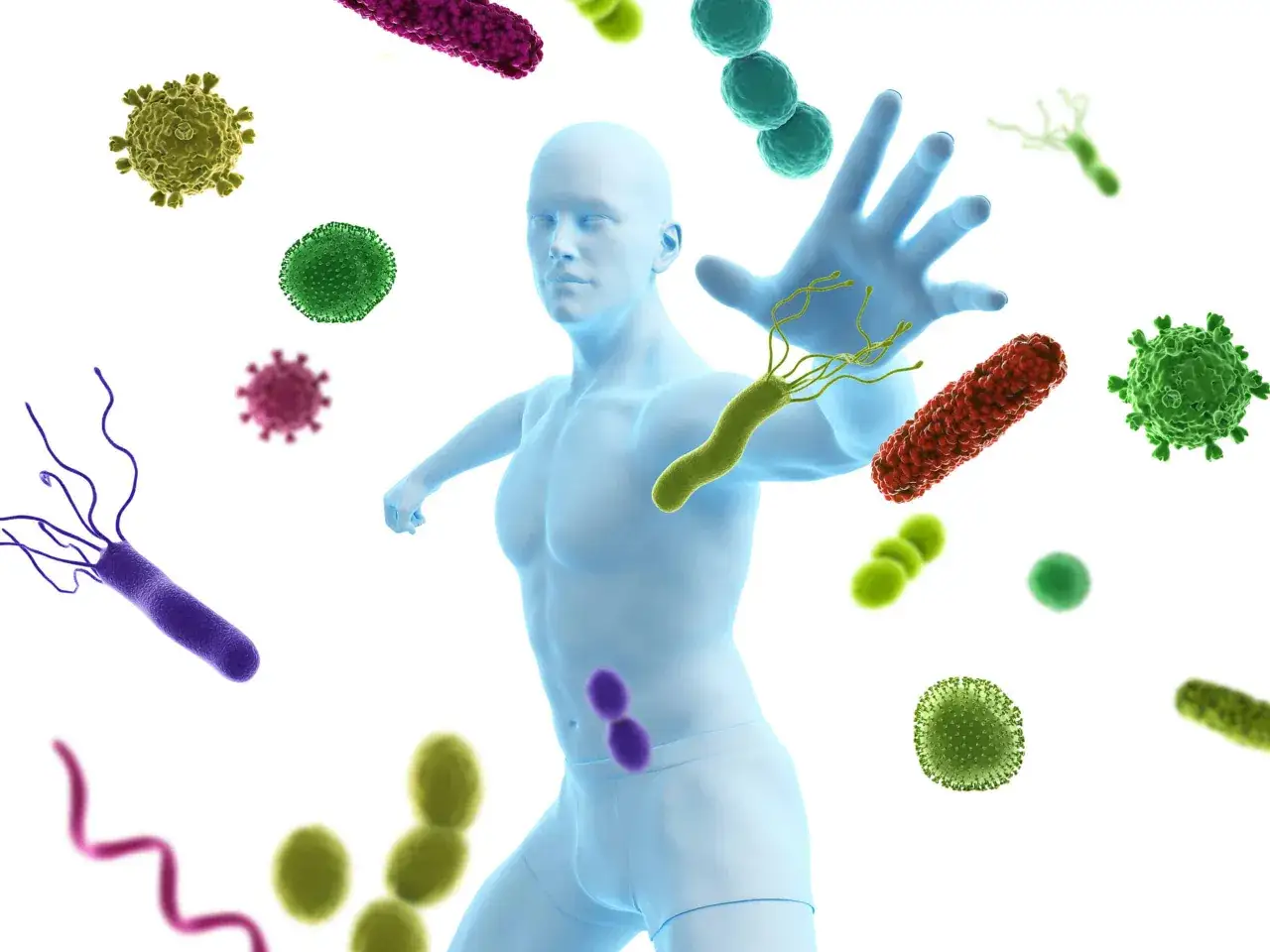 Błękitna postać człowieka broni się przed wirusami i bakteriami, które mogą wywoływać choroby autoimmunologiczne.