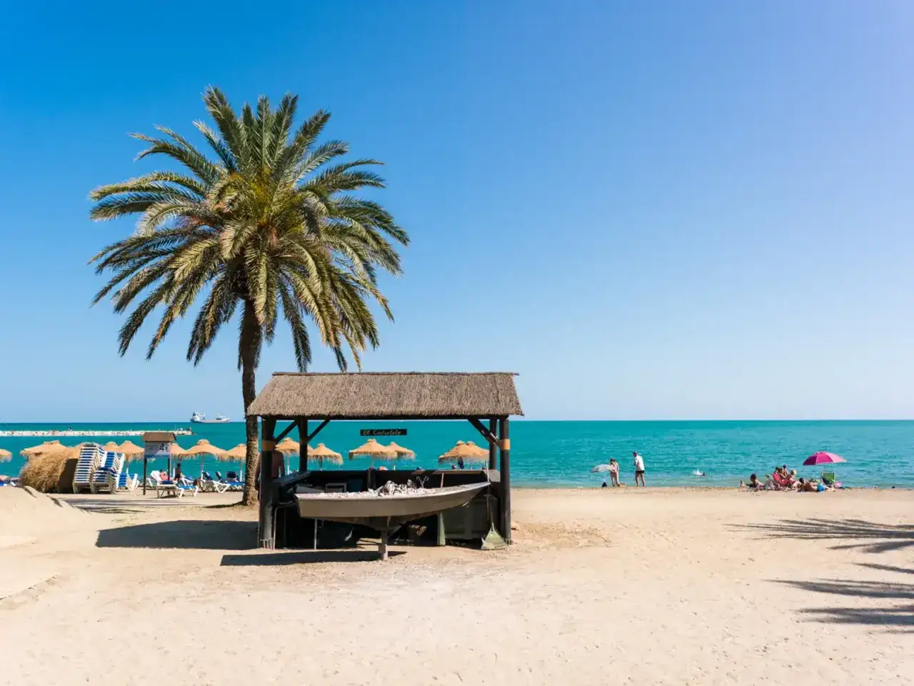 Sonniger malaga strand mit Palmen, Liegest&uuml;hlen und Sonnenschirmen. Ein kleines Strandh&auml;uschen mit einem Boot davor.