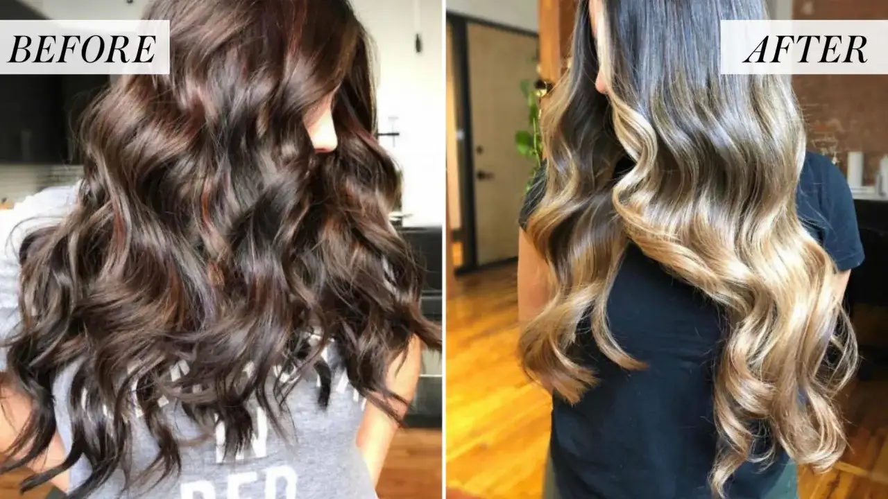 Antes y después de aclarar el pelo teñido. Cabello oscuro y ondulado se transforma en un balayage rubio y radiante.