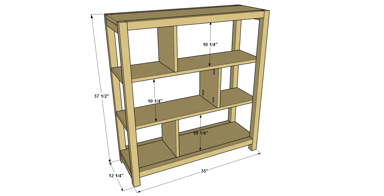 A 3D diagram showing how to build a bookshelf. Dimensions are provided for height, width, and shelf spacing.