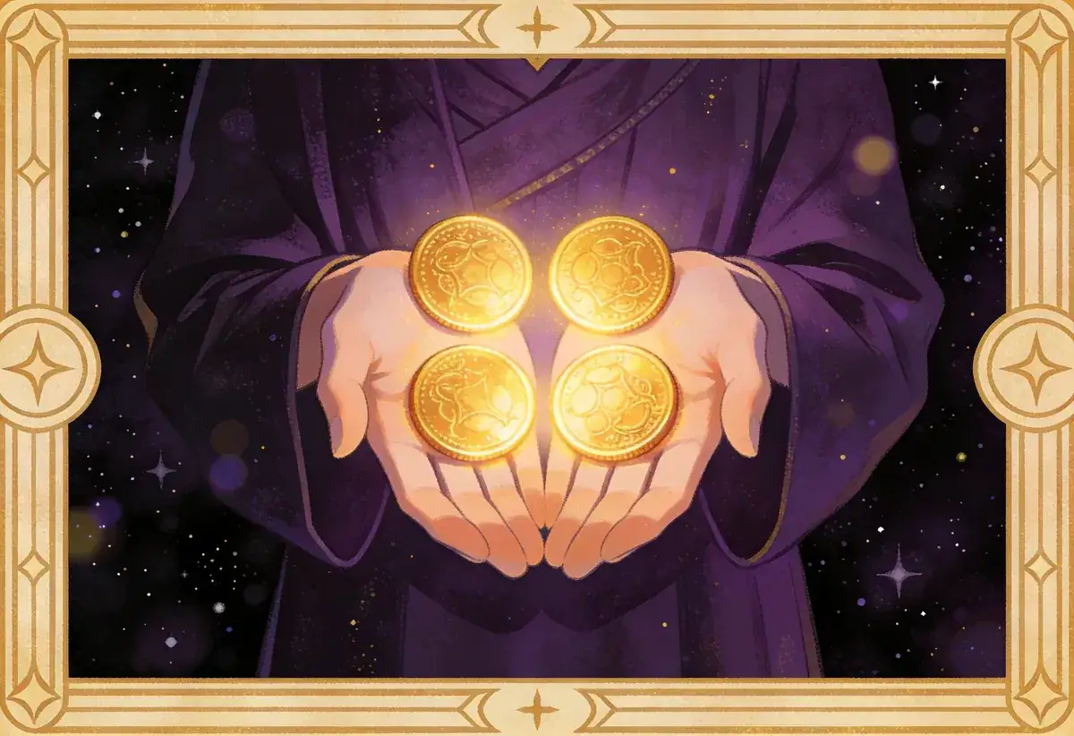 Dłonie trzymają cztery złote monety, symbolizujące stabilność i bezpieczeństwo. To karta 4 monet tarot.