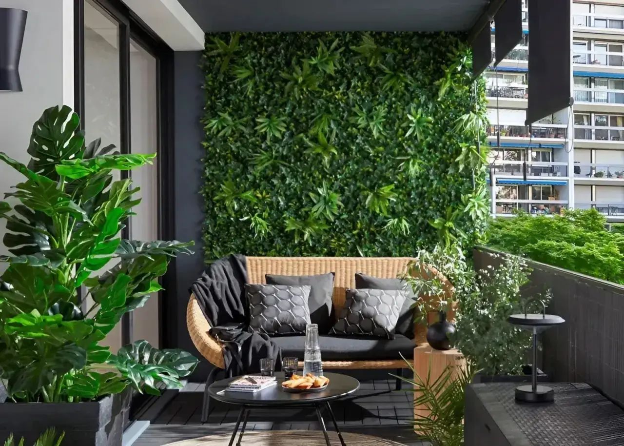 Un balcon aménagé avec un mur végétal luxuriant, un canapé confortable et des plantes pour comment rafraichir sa maison.