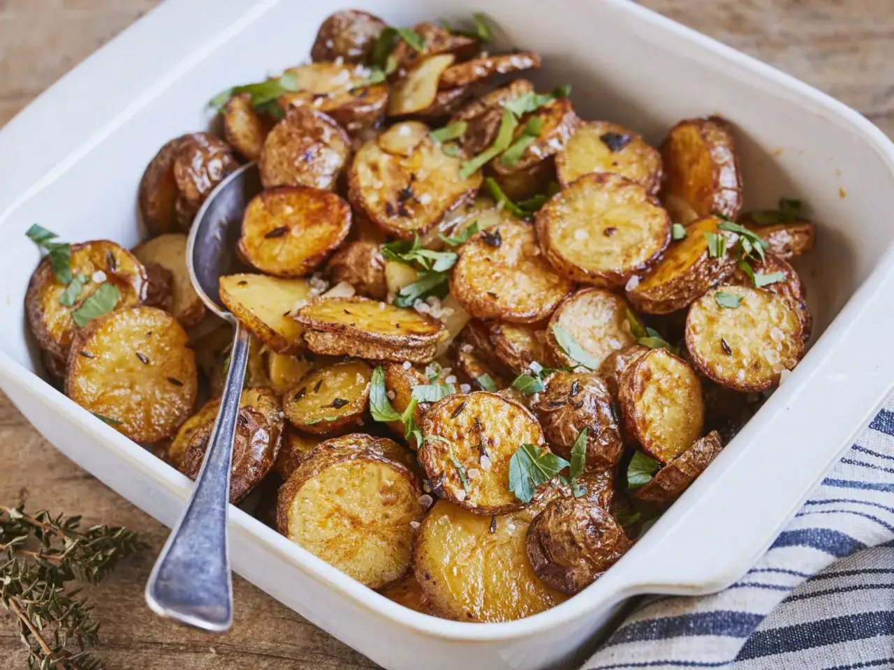 Goldbraune Bratkartoffeln mit Kr&auml;utern und grobem Salz in einer wei&szlig;en Auflaufform. Perfekt, um sie warm zu halten.