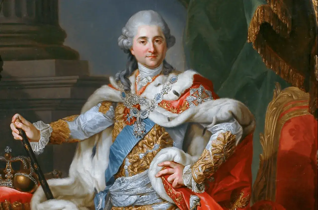 Portret króla w bogatych szatach, symbolizujący czasy stanisławowskie. Król trzyma berło, obok korona.