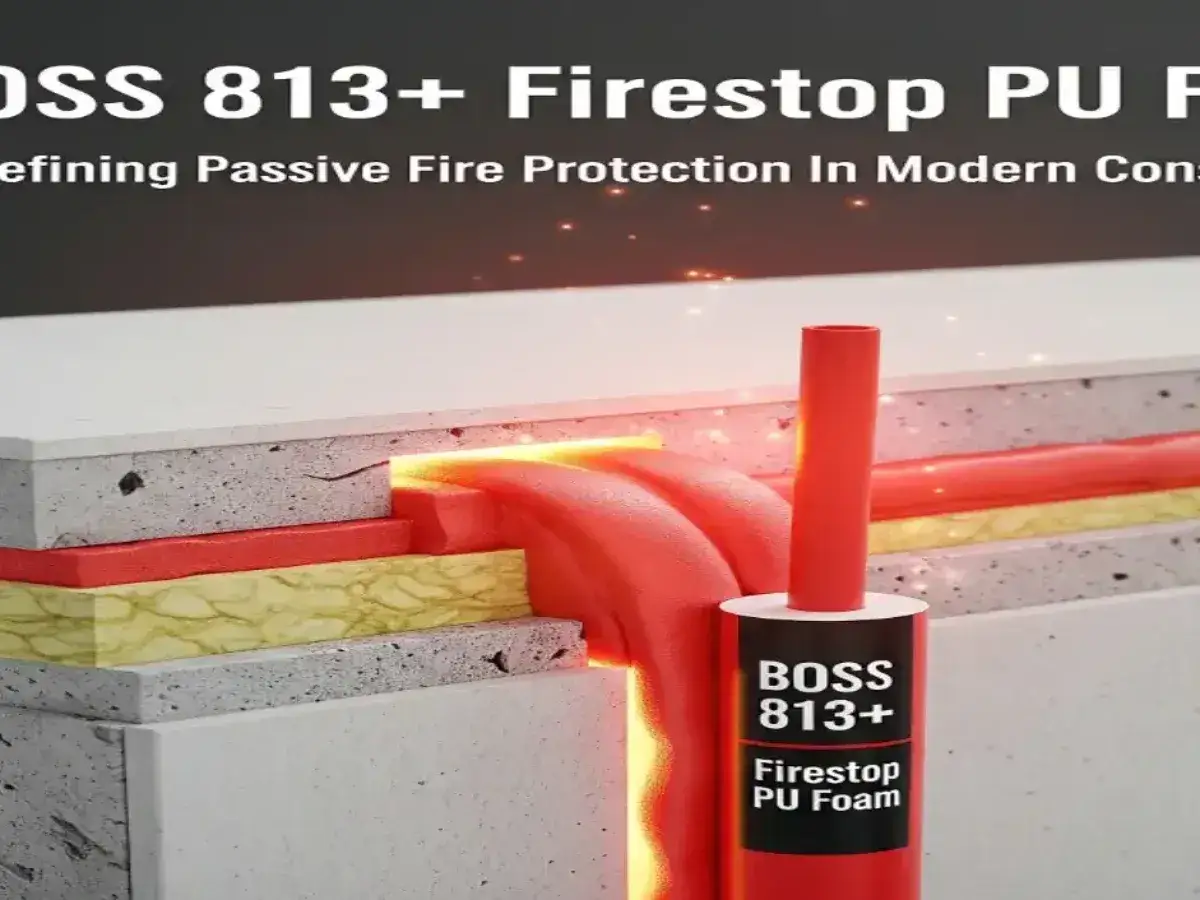 Espuma poliuretano resistente al fuego BOSS 813+ sellando una abertura en una construcci&oacute;n, deteniendo el paso del fuego.