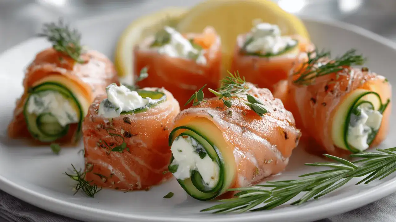 Rouleaux de saumon fum&eacute;, concombre et fromage frais, parfaits pour une marinade pour saumon fum&eacute;. Garnis d'herbes fra&icirc;ches et de quartiers de citron.