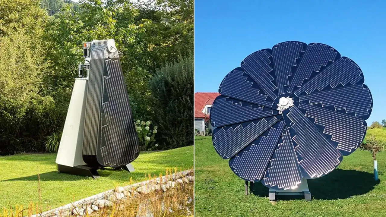 Un &eacute;tonnant tournesol solaire, d&eacute;ployant ses p&eacute;tales de panneaux photovolta&iuml;ques pour capter l'&eacute;nergie du soleil.